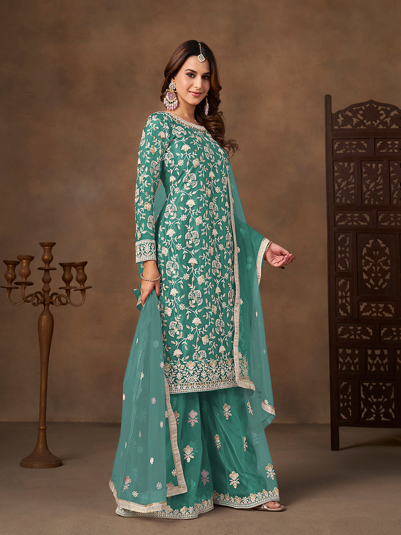 Monjolika Fashion Net Embroidered Turquoise Salwar Kameez - Distacart