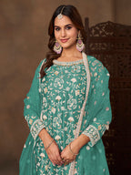 Monjolika Fashion Net Embroidered Turquoise Salwar Kameez - Distacart