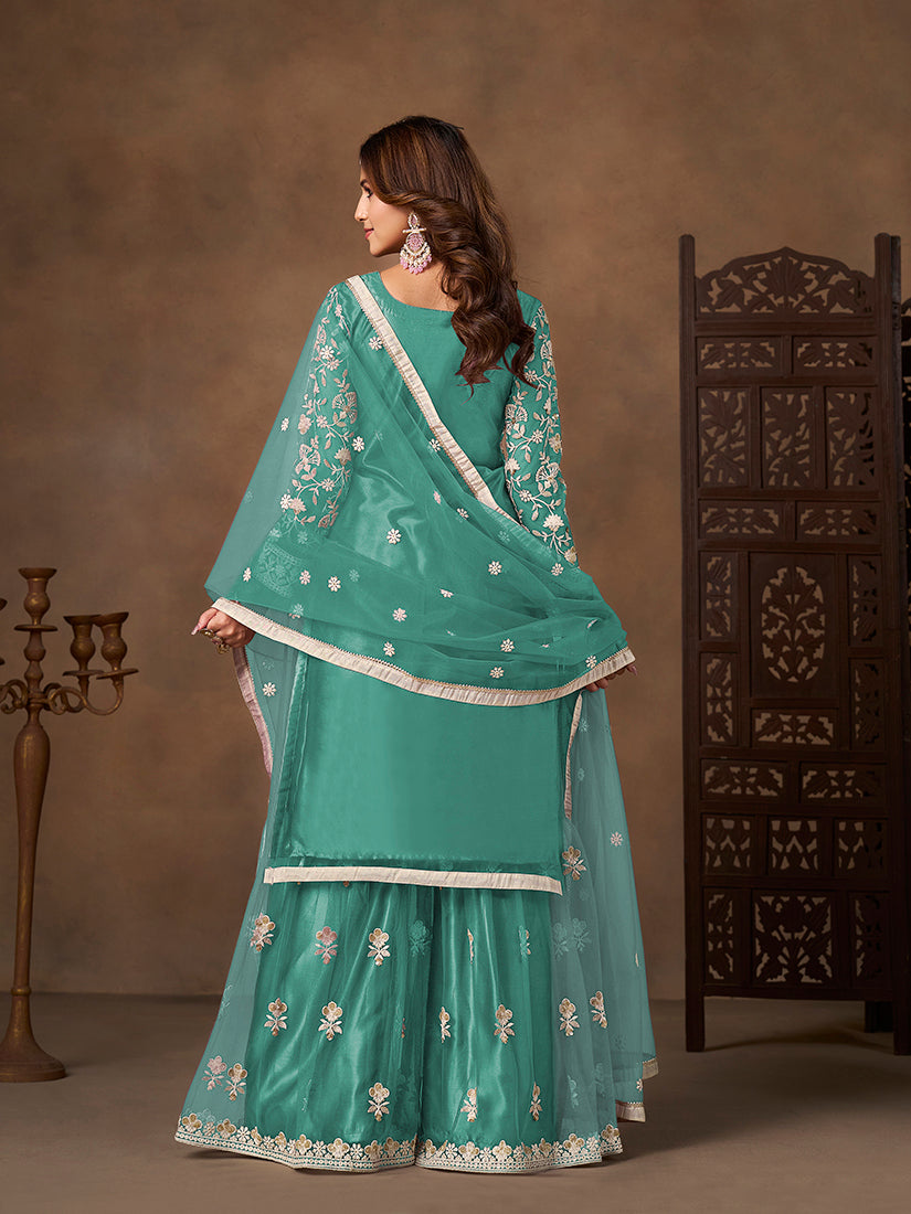 Monjolika Fashion Net Embroidered Turquoise Salwar Kameez - Distacart