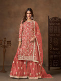 Monjolika Fashion Net Embroidered Coral Salwar Kameez - Distacart