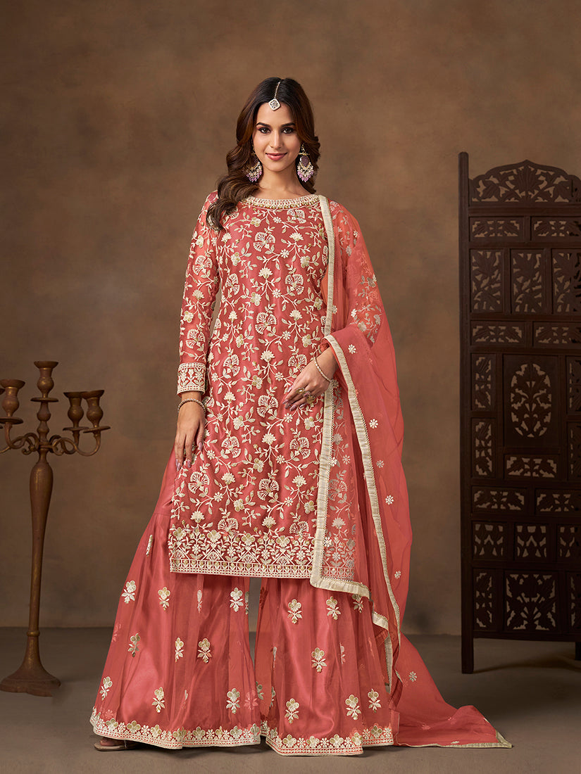 Monjolika Fashion Net Embroidered Coral Salwar Kameez - Distacart