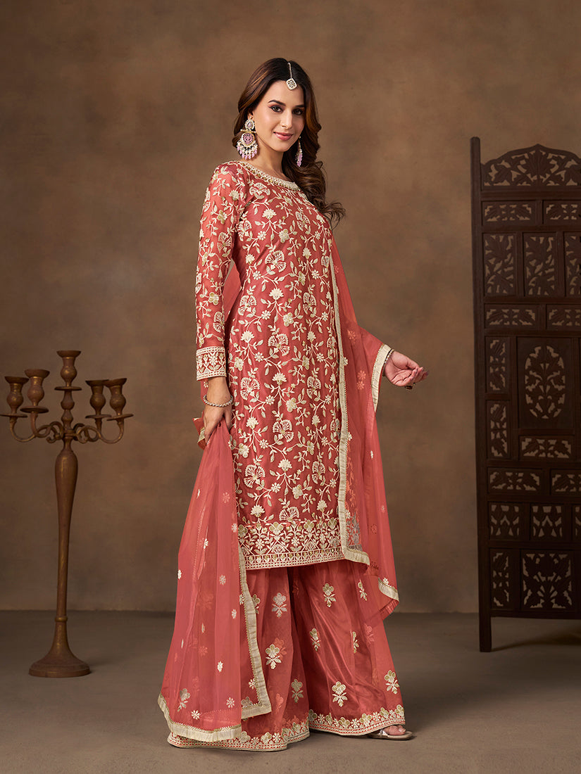 Monjolika Fashion Net Embroidered Coral Salwar Kameez - Distacart