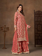 Monjolika Fashion Net Embroidered Coral Salwar Kameez - Distacart