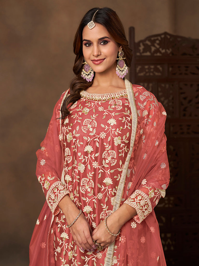 Monjolika Fashion Net Embroidered Coral Salwar Kameez - Distacart