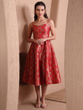 Monjolika Fashion Women's Red Banarasi Brocade Festive Fit & Flare Midi Dress with Zari Weaving Work - Distacart