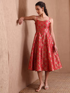 Monjolika Fashion Women's Red Banarasi Brocade Festive Fit & Flare Midi Dress with Zari Weaving Work - Distacart
