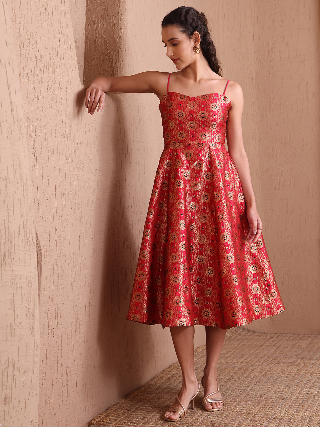 Monjolika Fashion Women's Red Banarasi Brocade Festive Fit & Flare Midi Dress with Zari Weaving Work - Distacart