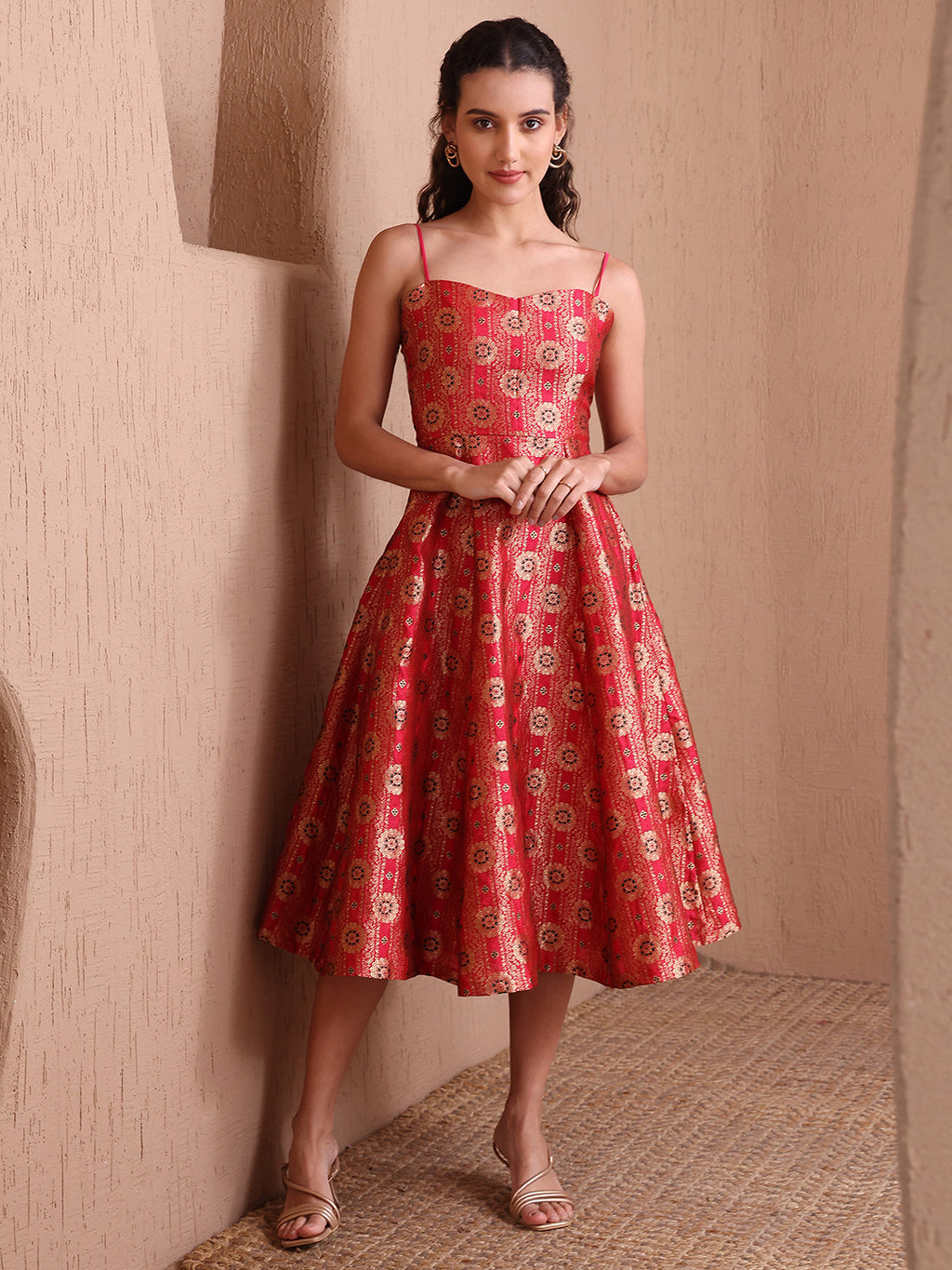 Monjolika Fashion Women's Red Banarasi Brocade Festive Fit & Flare Midi Dress with Zari Weaving Work - Distacart