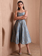 Monjolika Fashion Women's Sky Blue Banarasi Brocade Festive Fit & Flare Midi Dress with Zari Weaving Work - Distacart
