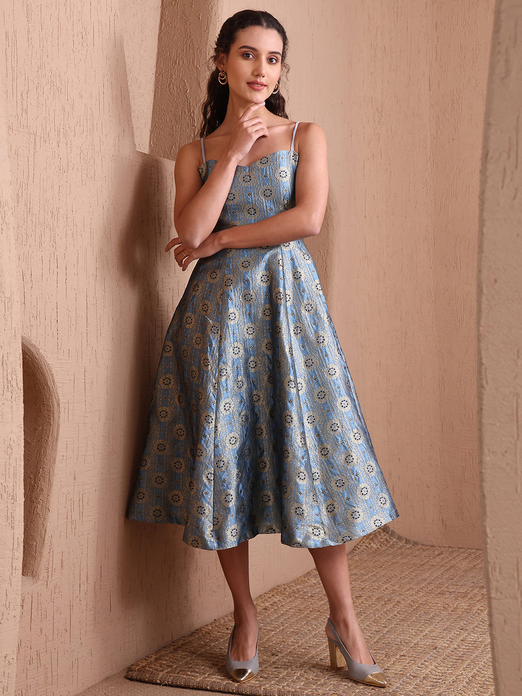 Monjolika Fashion Women's Sky Blue Banarasi Brocade Festive Fit & Flare Midi Dress with Zari Weaving Work - Distacart