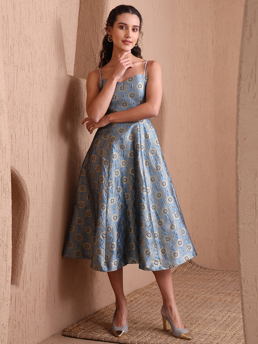 Monjolika Fashion Women's Sky Blue Banarasi Brocade Festive Fit & Flare Midi Dress with Zari Weaving Work - Distacart