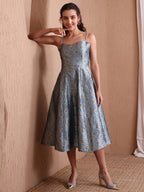 Monjolika Fashion Women's Sky Blue Banarasi Brocade Festive Fit & Flare Midi Dress with Zari Weaving Work - Distacart