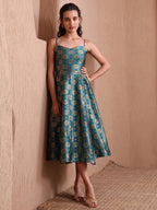 Monjolika Fashion Women's Rama Green Banarasi Brocade Festive Fit & Flare Midi Dress with Zari Weaving Work - Distacart