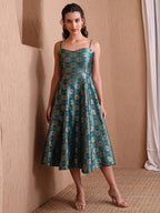 Monjolika Fashion Women's Rama Green Banarasi Brocade Festive Fit & Flare Midi Dress with Zari Weaving Work - Distacart