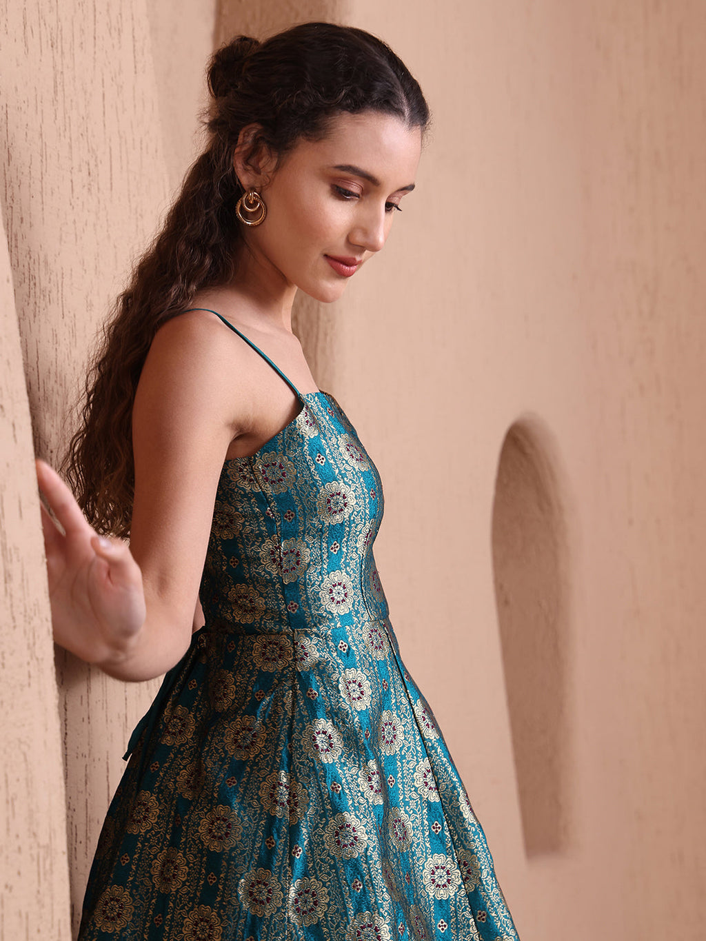 Monjolika Fashion Women's Rama Green Banarasi Brocade Festive Fit & Flare Midi Dress with Zari Weaving Work - Distacart