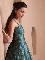 Monjolika Fashion Women's Rama Green Banarasi Brocade Festive Fit & Flare Midi Dress with Zari Weaving Work - Distacart