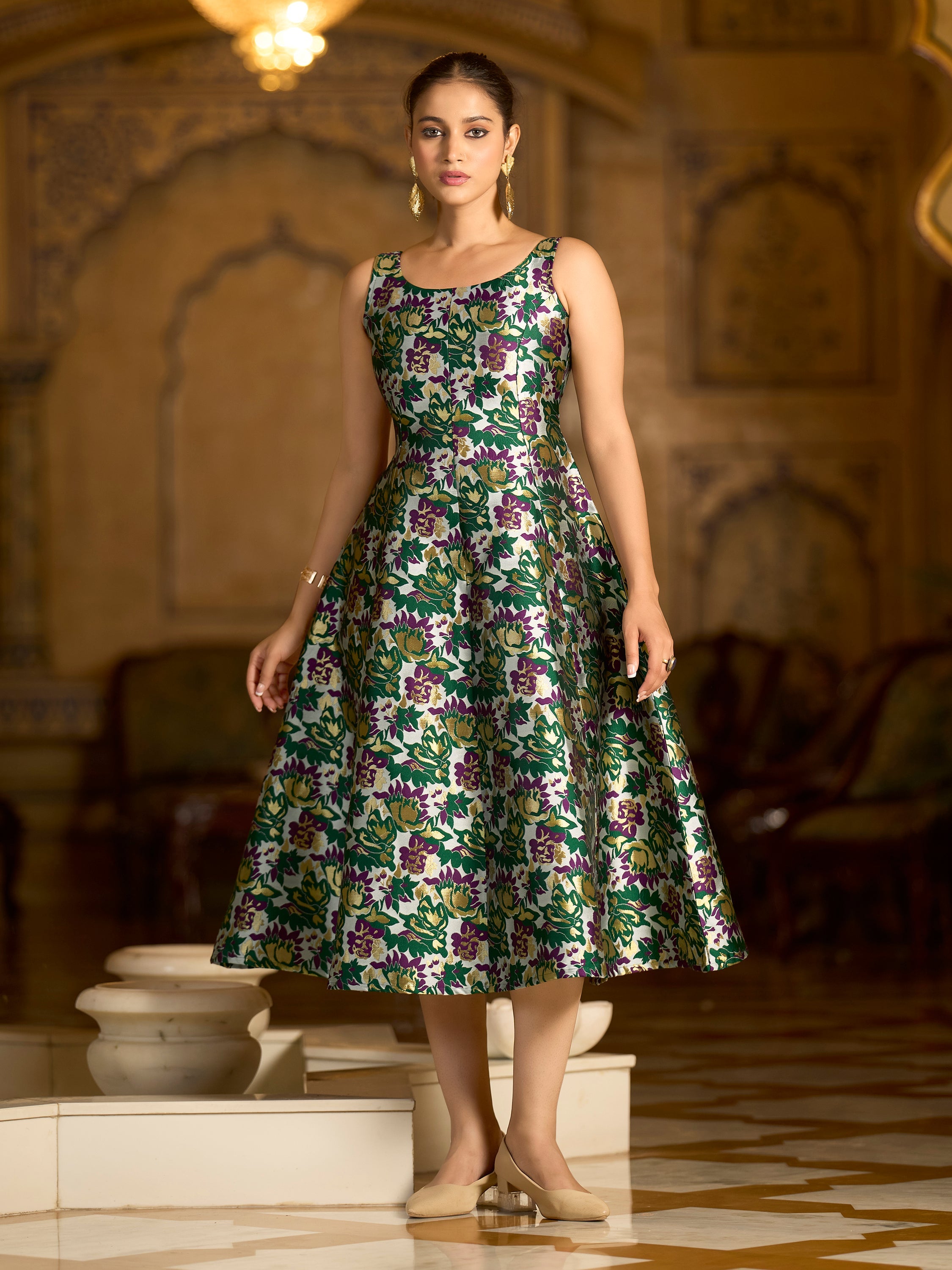 Monjolika Fashion Green Jacquard Woven Floral Fit & Flare Midi Dress - Distacart
