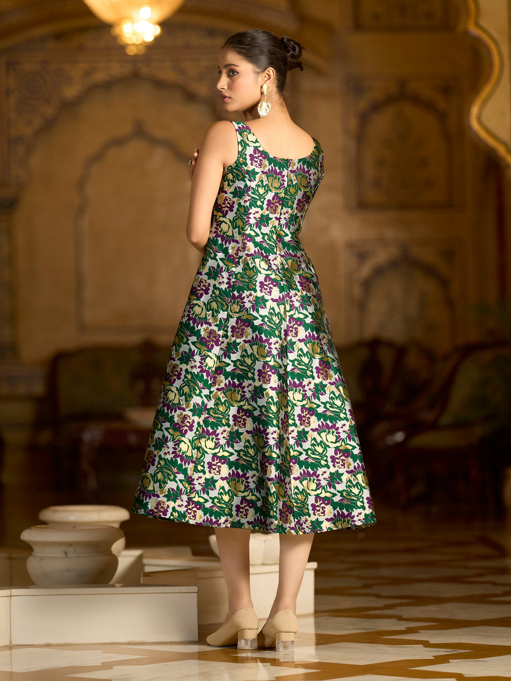 Monjolika Fashion Green Jacquard Woven Floral Fit & Flare Midi Dress - Distacart
