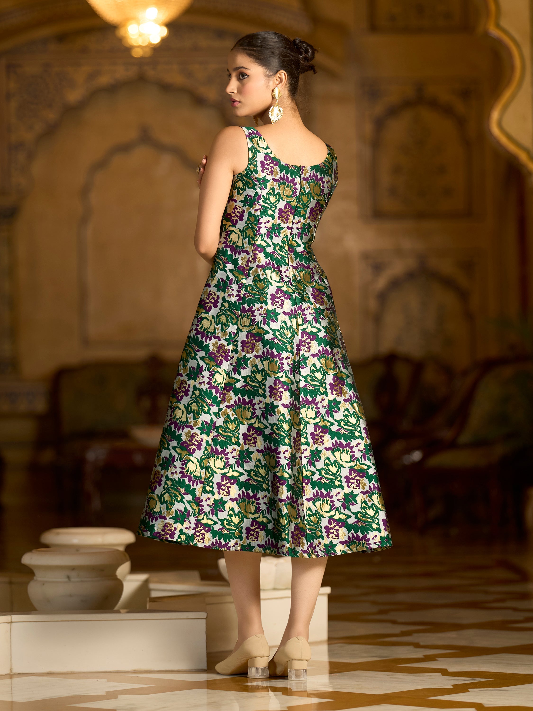 Monjolika Fashion Green Jacquard Woven Floral Fit & Flare Midi Dress - Distacart