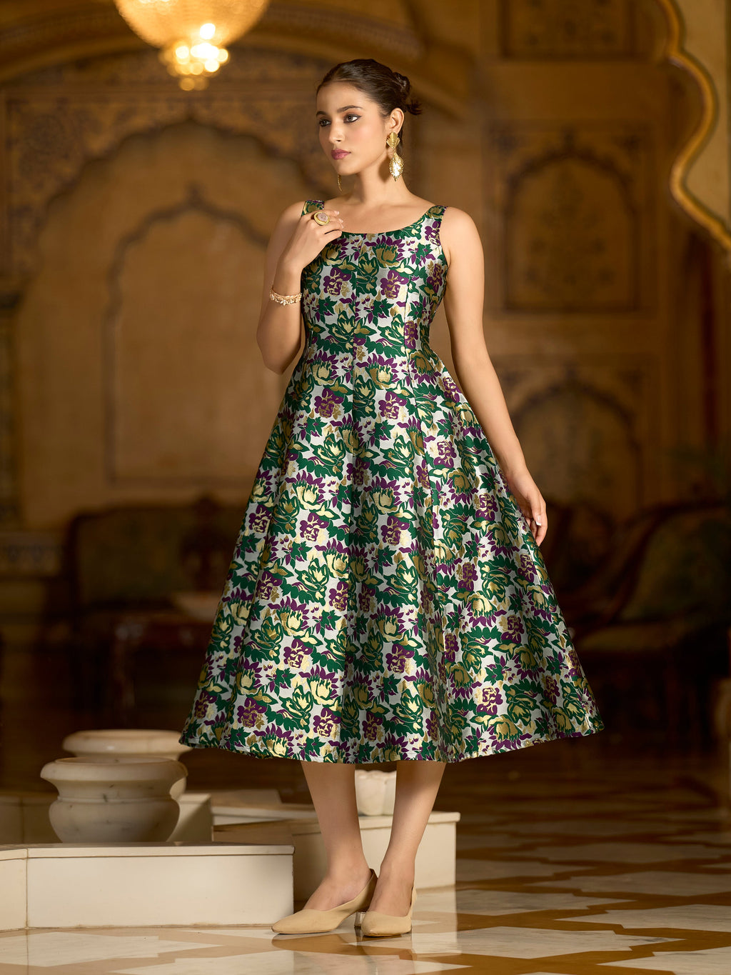 Monjolika Fashion Green Jacquard Woven Floral Fit & Flare Midi Dress - Distacart