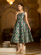 Monjolika Fashion Green Jacquard Woven Floral Fit & Flare Midi Dress - Distacart