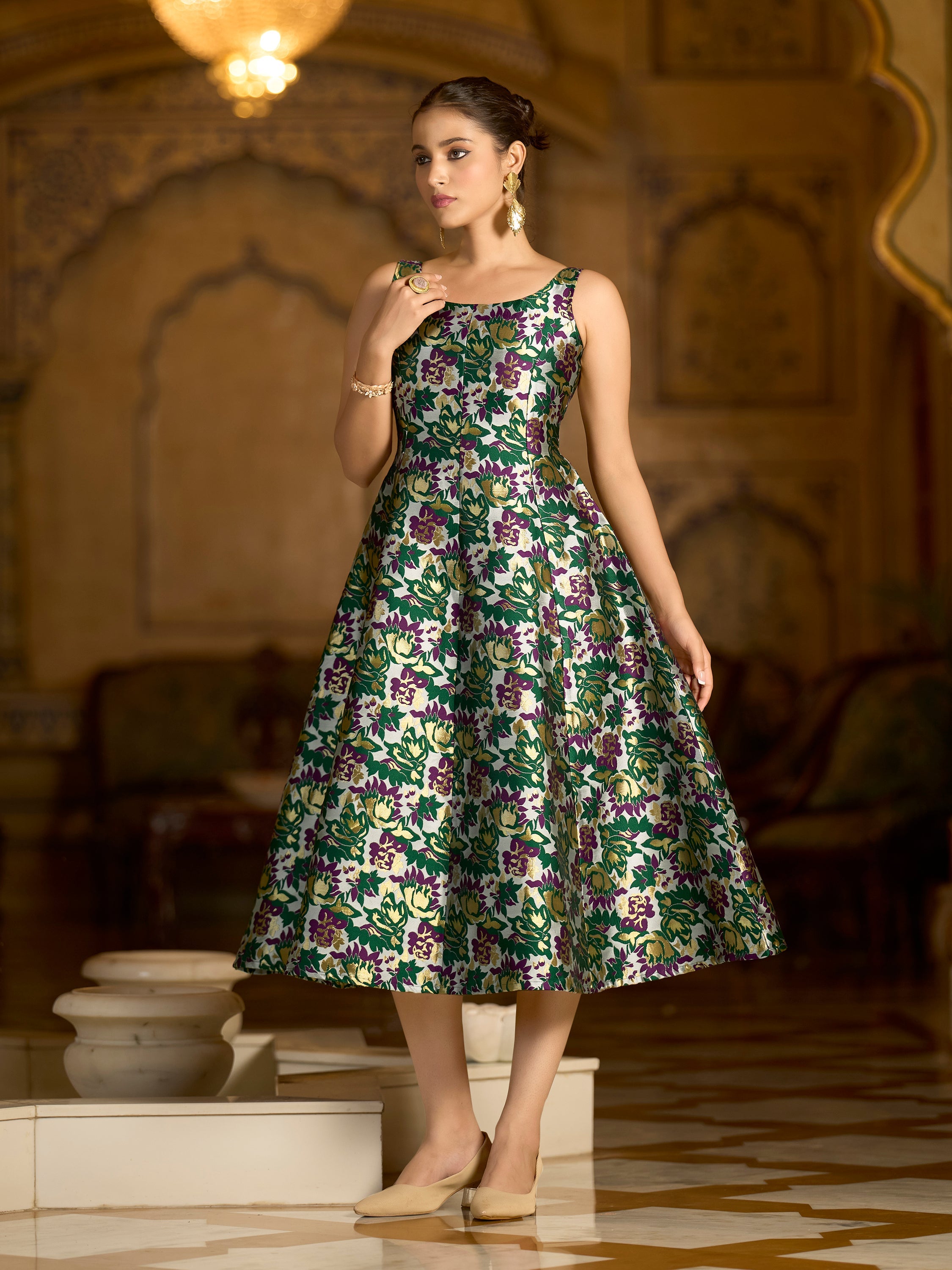 Monjolika Fashion Green Jacquard Woven Floral Fit & Flare Midi Dress - Distacart
