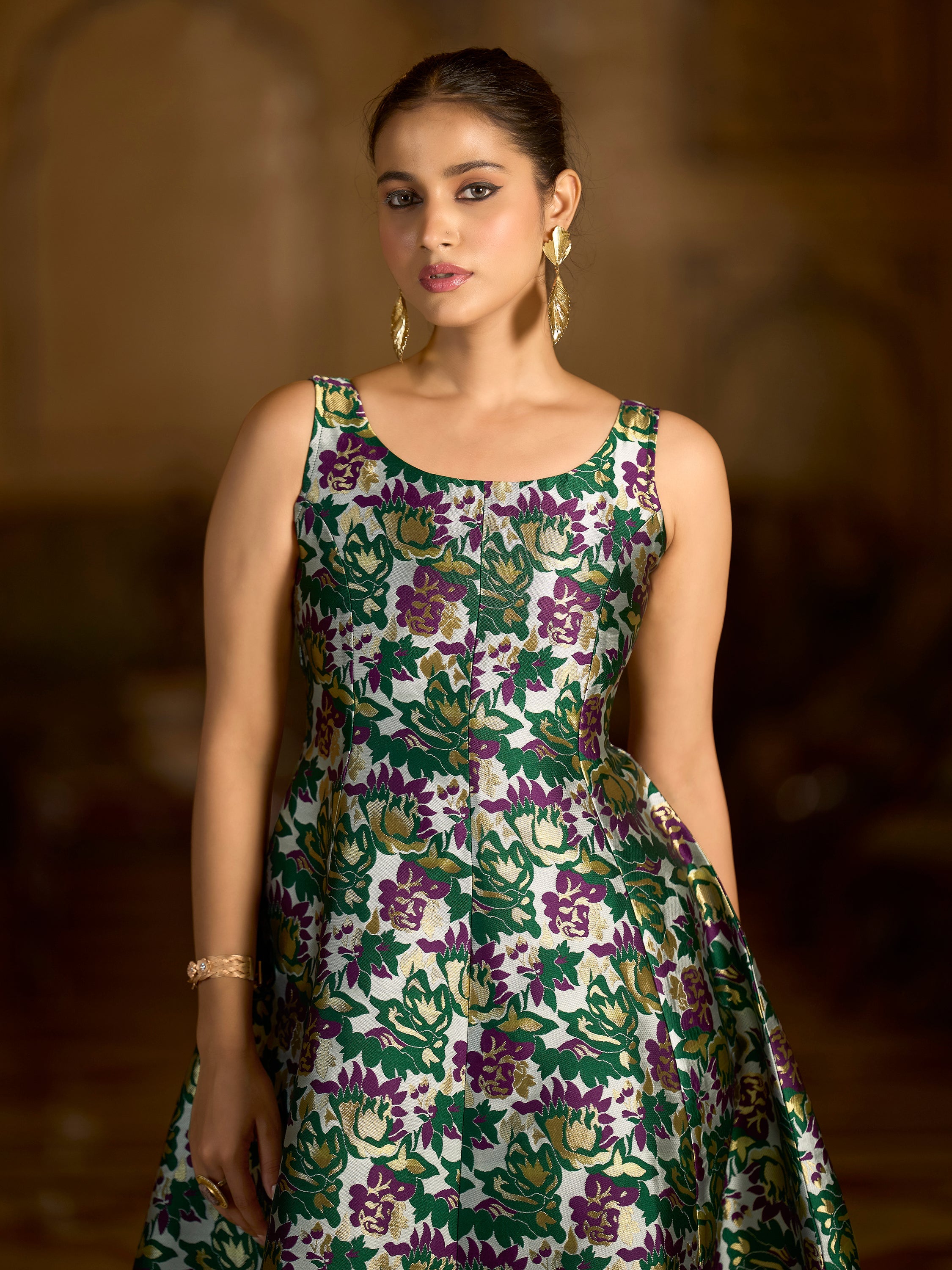 Monjolika Fashion Green Jacquard Woven Floral Fit & Flare Midi Dress - Distacart