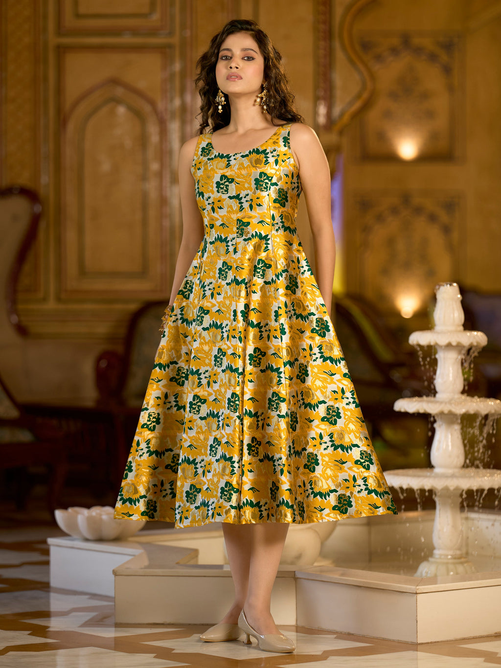 Monjolika Fashion Yellow Jacquard Woven Floral Fit & Flare Midi Dress