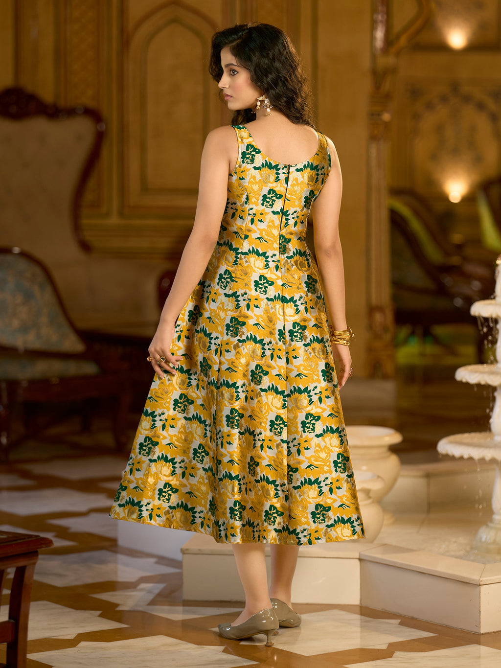 Monjolika Fashion Yellow Jacquard Woven Floral Fit & Flare Midi Dress