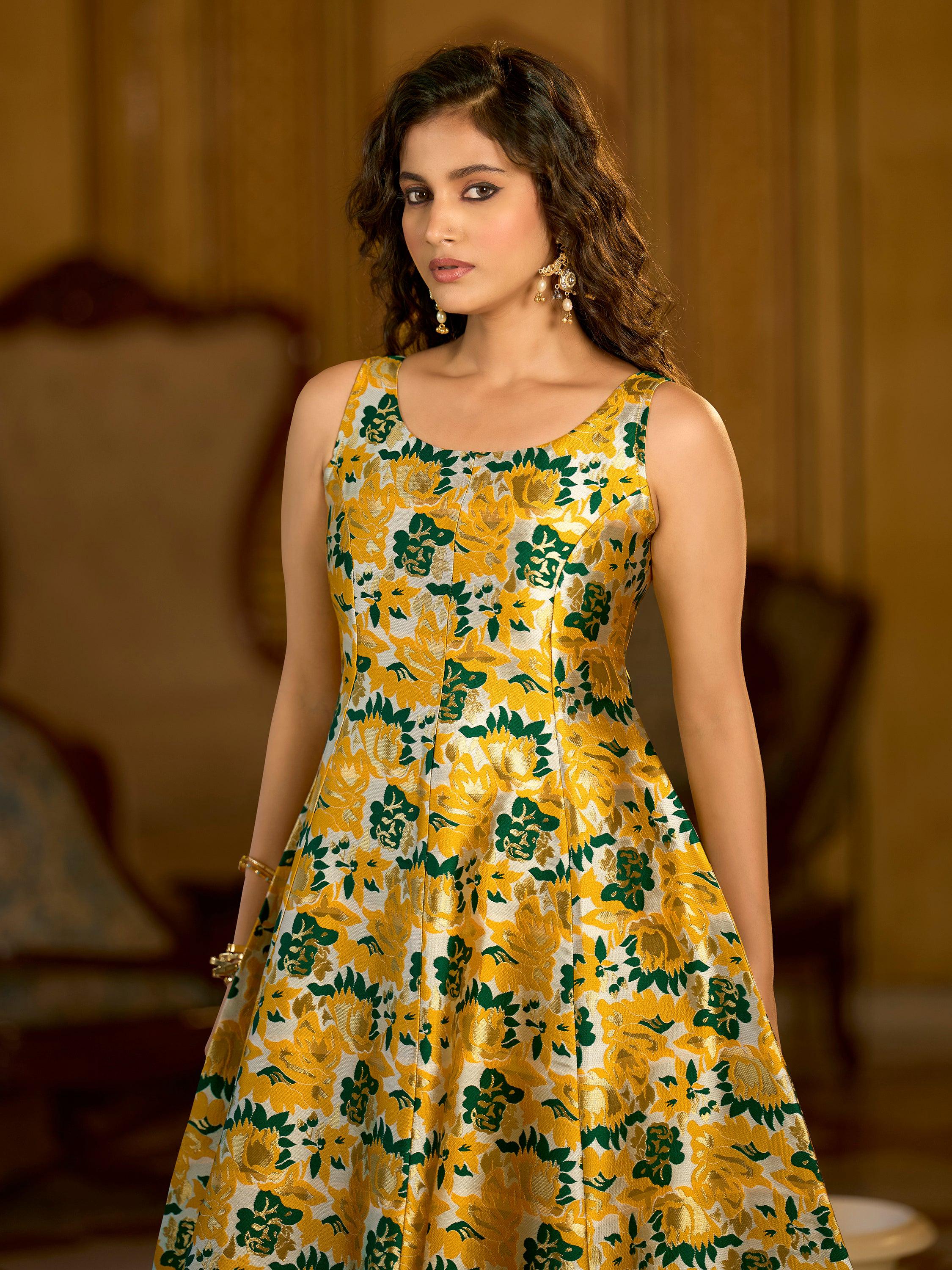 Monjolika Fashion Yellow Jacquard Woven Floral Fit & Flare Midi Dress