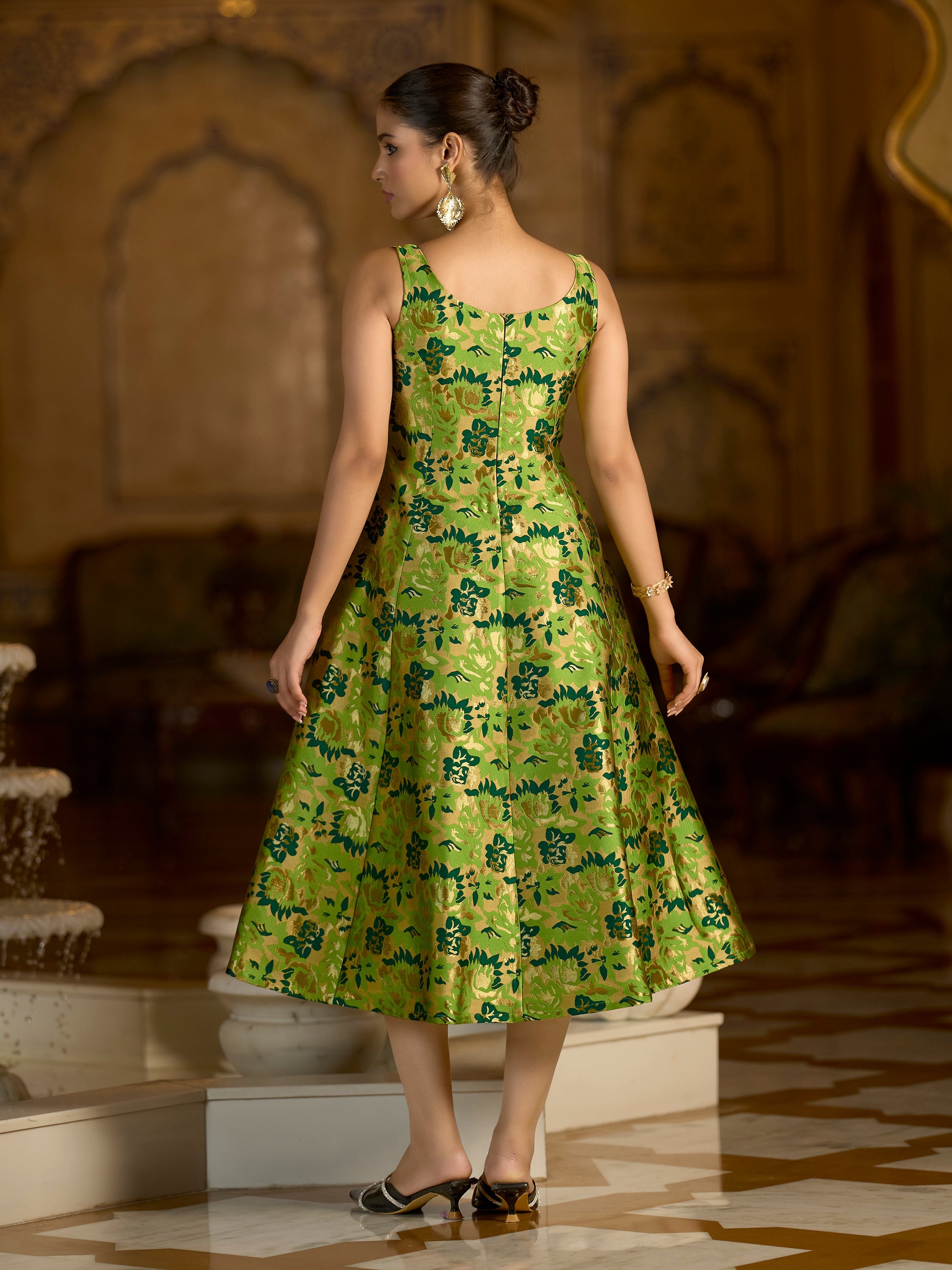 Monjolika Fashion Parrot Green Jacquard Woven Floral Fit & Flare Midi Dress - Distacart