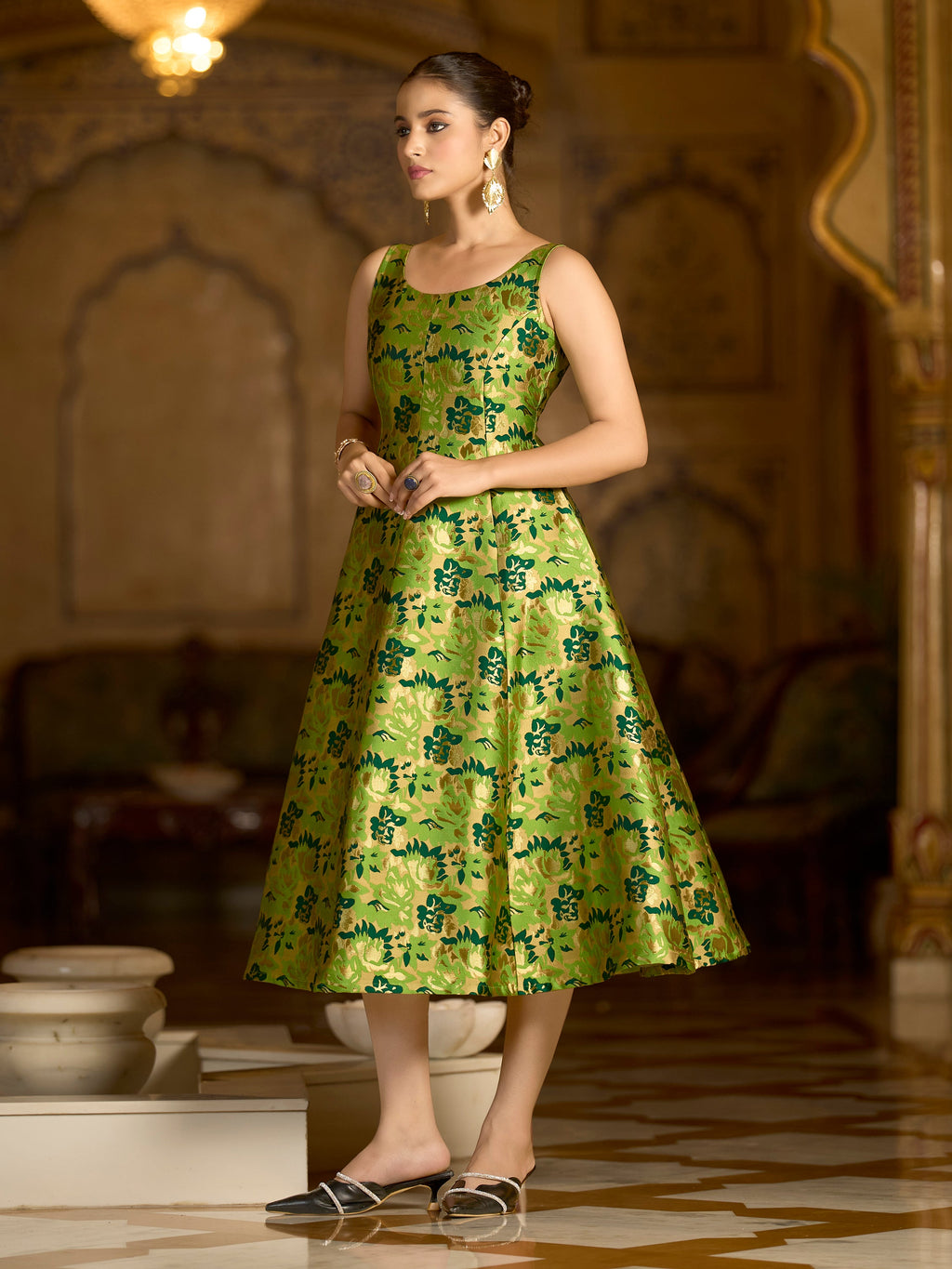 Monjolika Fashion Parrot Green Jacquard Woven Floral Fit & Flare Midi Dress - Distacart
