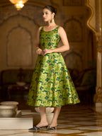Monjolika Fashion Parrot Green Jacquard Woven Floral Fit & Flare Midi Dress - Distacart