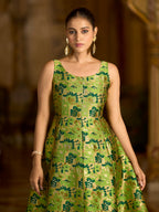 Monjolika Fashion Parrot Green Jacquard Woven Floral Fit & Flare Midi Dress - Distacart