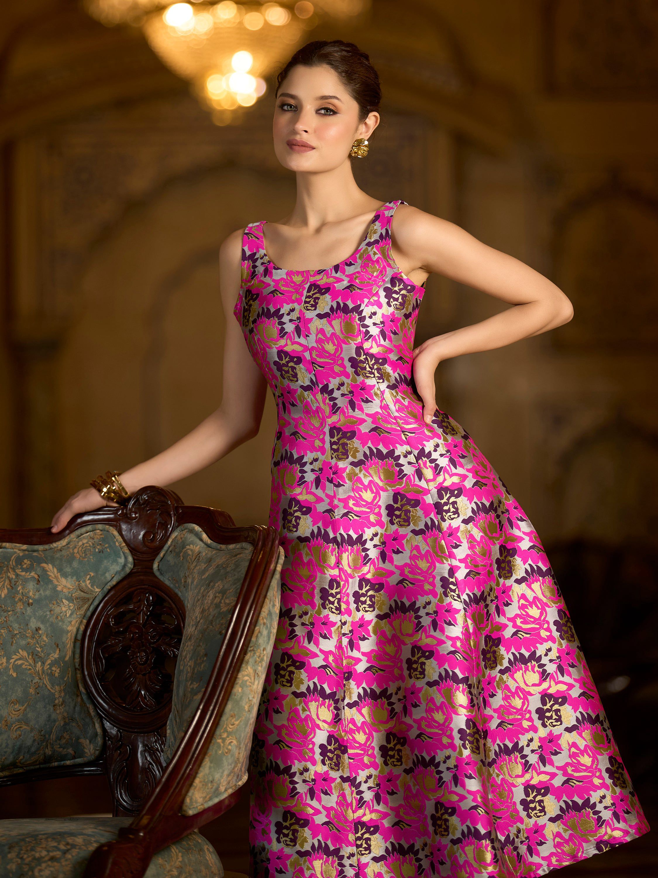 Monjolika Fashion Pink Jacquard Woven Floral Fit & Flare Midi Dress - Distacart