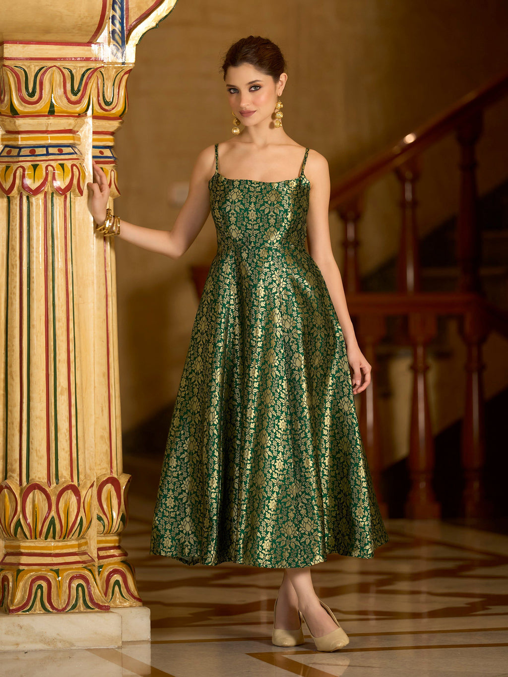 Monjolika Fashion Green Jacquard Zari Weaving A-Line Dress for Women - Distacart