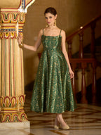 Monjolika Fashion Green Jacquard Zari Weaving A-Line Dress for Women - Distacart
