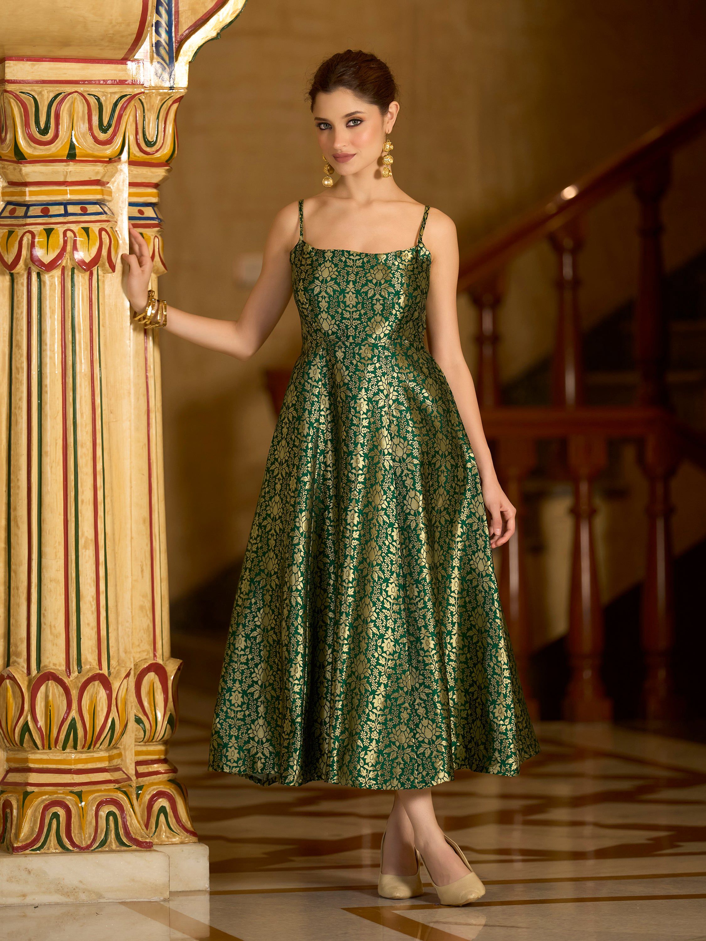 Monjolika Fashion Green Jacquard Zari Weaving A-Line Dress for Women - Distacart
