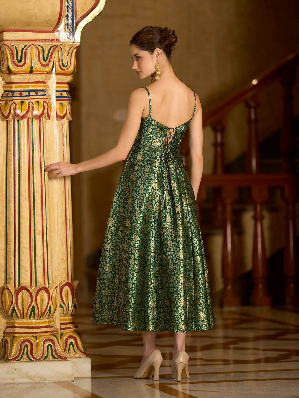Monjolika Fashion Green Jacquard Zari Weaving A-Line Dress for Women - Distacart