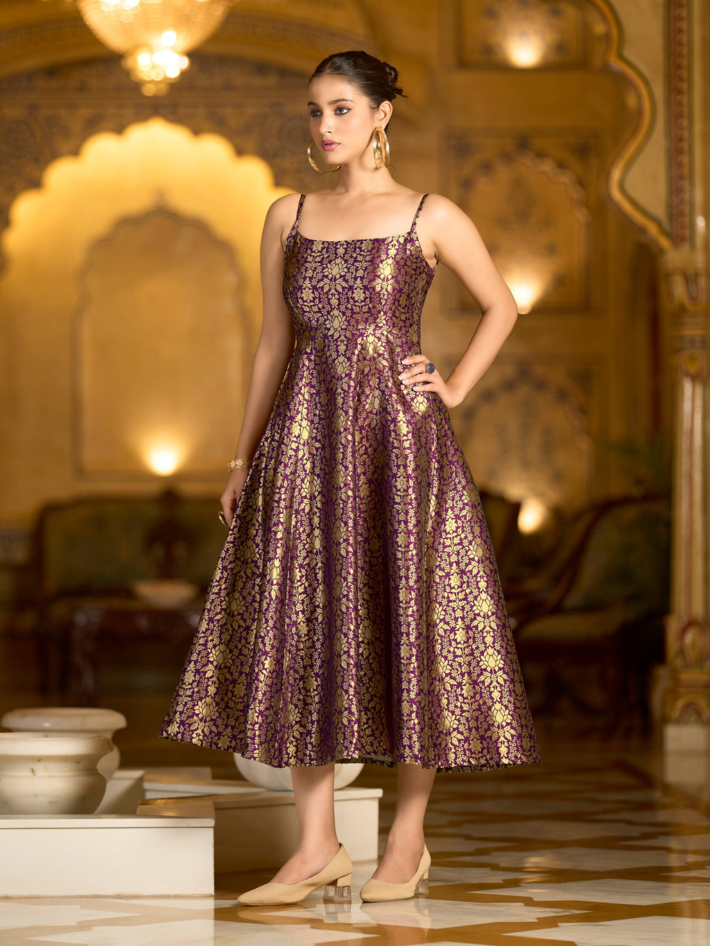 Monjolika Fashion Wine Jacquard Zari Weaving A-Line Dress for Women - Distacart