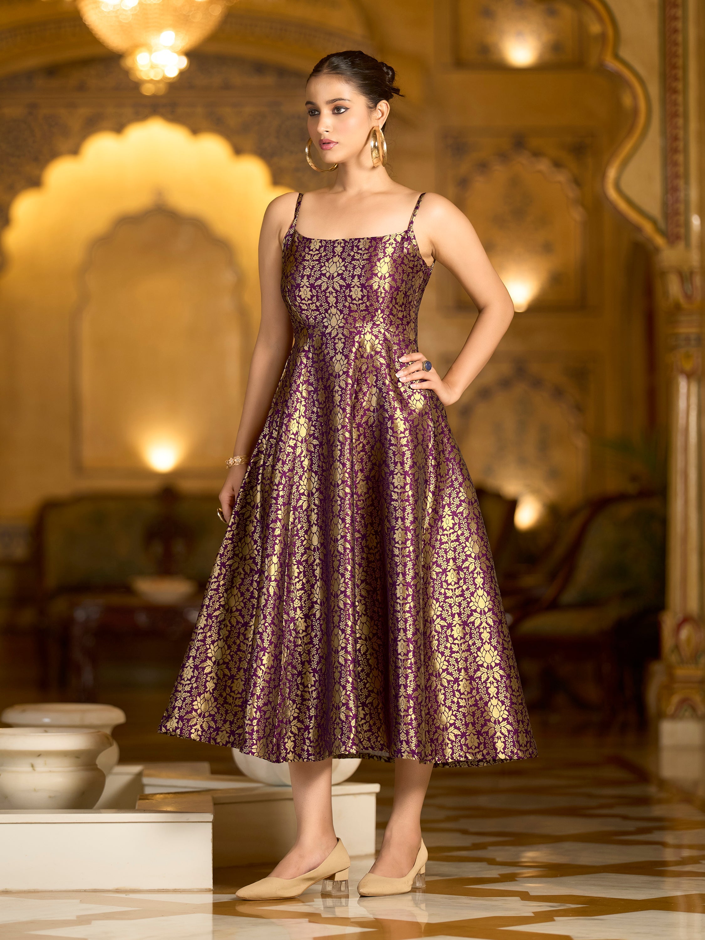 Monjolika Fashion Wine Jacquard Zari Weaving A-Line Dress for Women - Distacart
