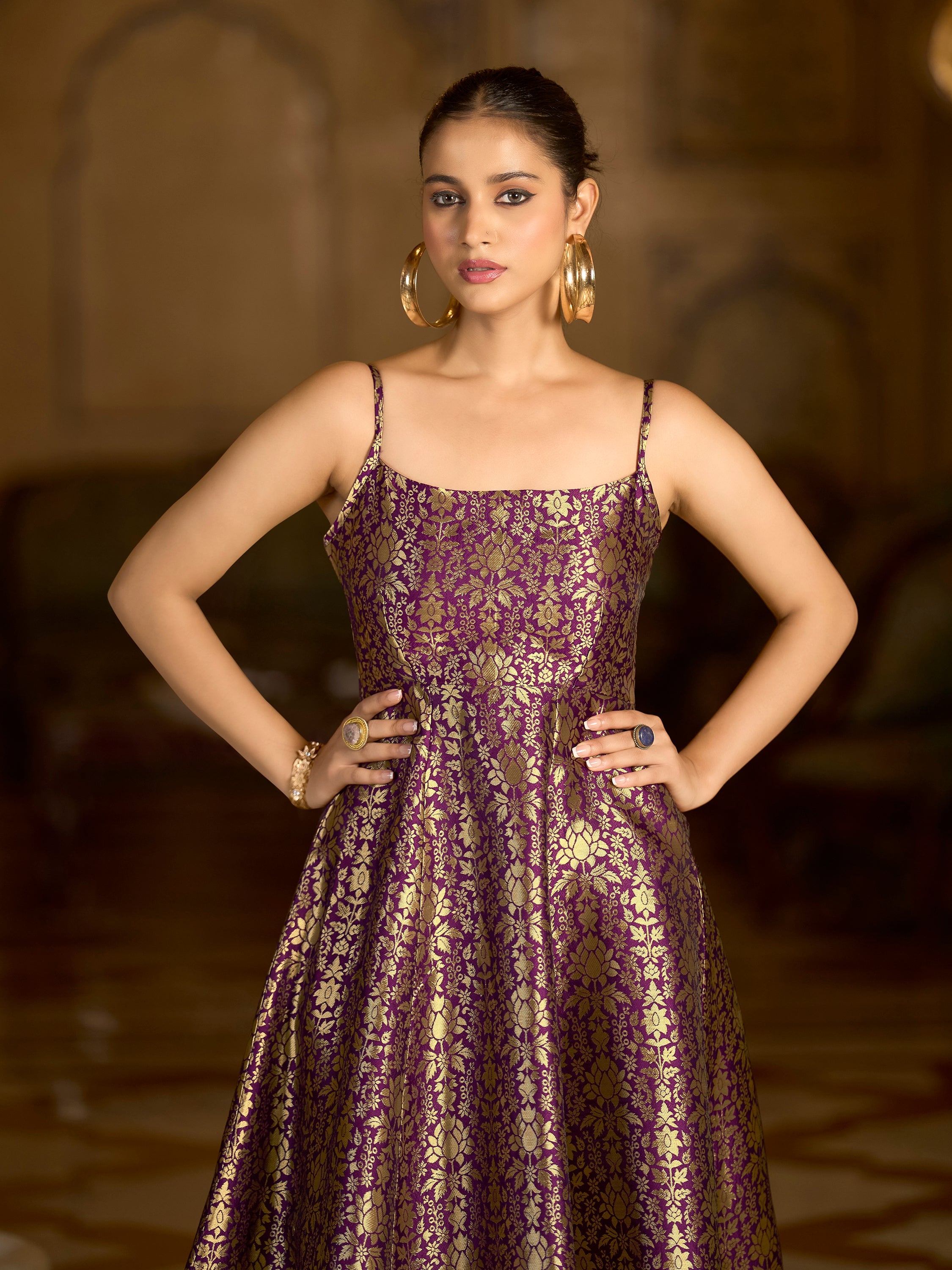 Monjolika Fashion Wine Jacquard Zari Weaving A-Line Dress for Women - Distacart