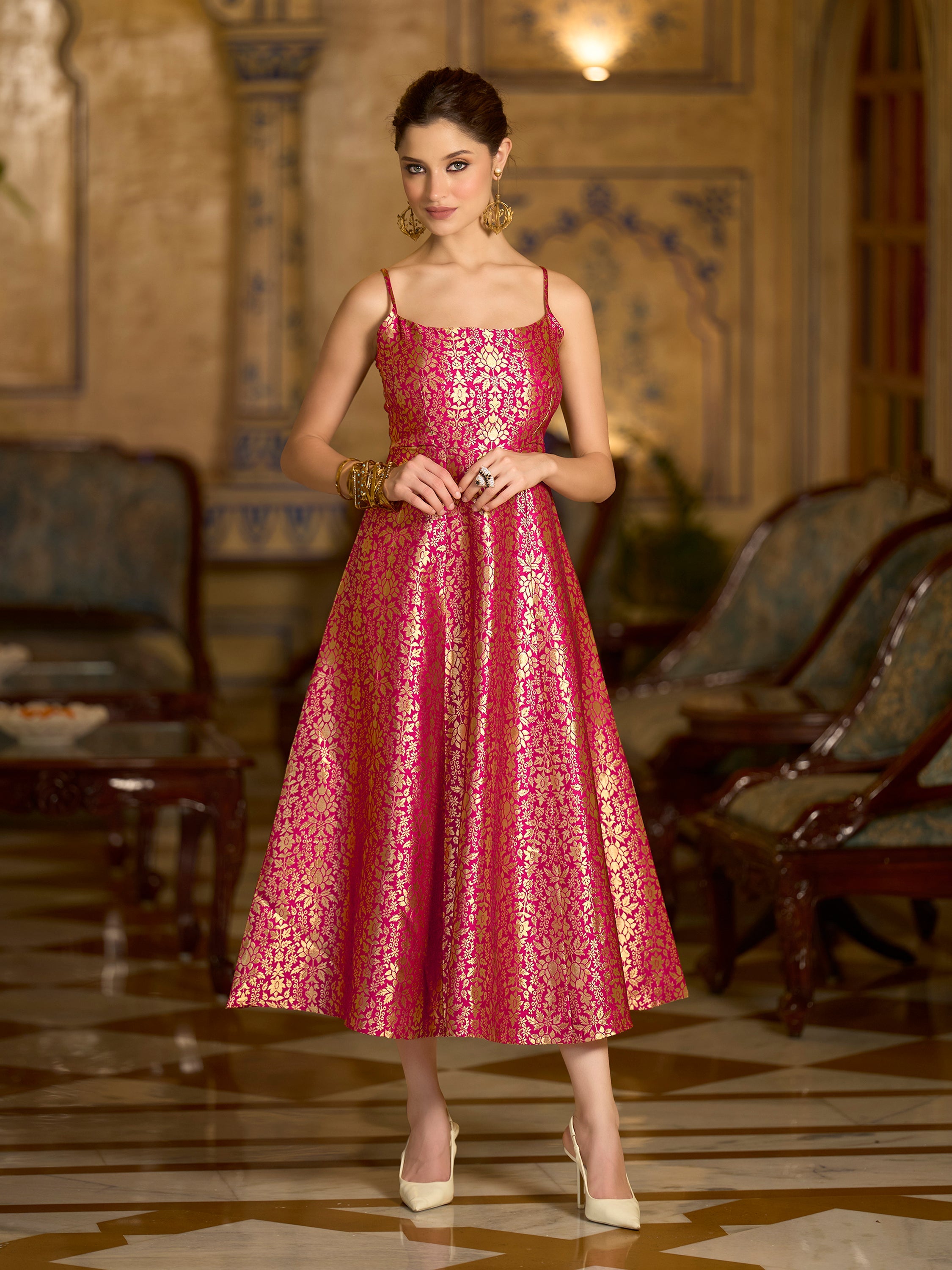Monjolika Fashion Pink Jacquard Zari Weaving A-Line Dress for Women - Distacart