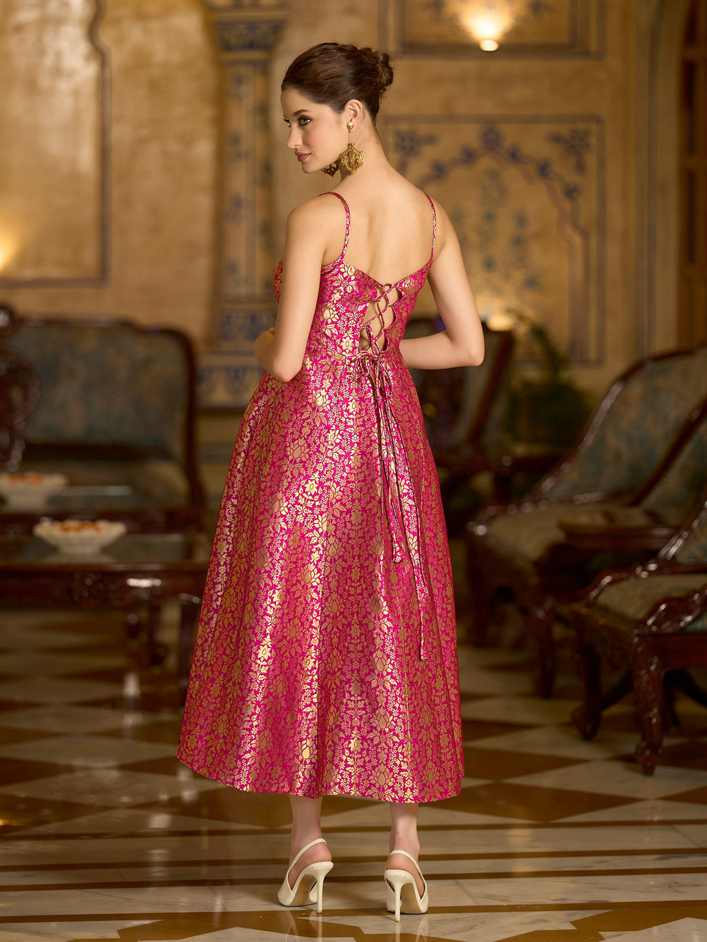 Monjolika Fashion Pink Jacquard Zari Weaving A-Line Dress for Women - Distacart