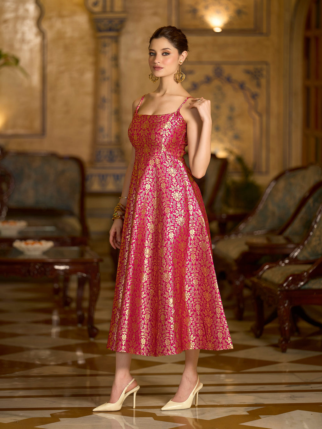 Monjolika Fashion Pink Jacquard Zari Weaving A-Line Dress for Women - Distacart