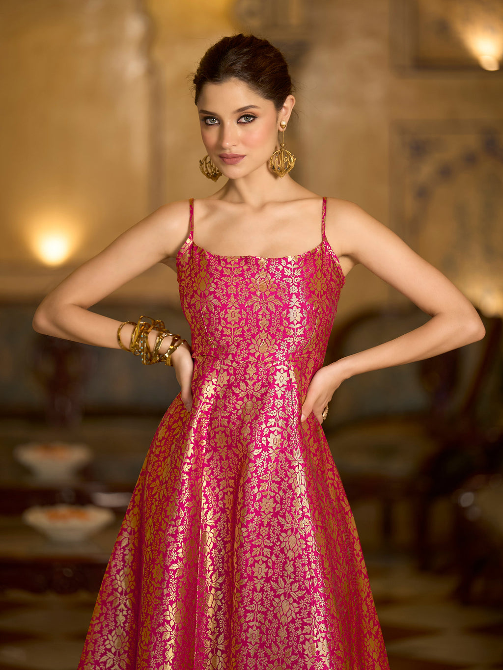 Monjolika Fashion Pink Jacquard Zari Weaving A-Line Dress for Women - Distacart