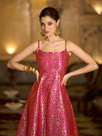 Monjolika Fashion Pink Jacquard Zari Weaving A-Line Dress for Women - Distacart