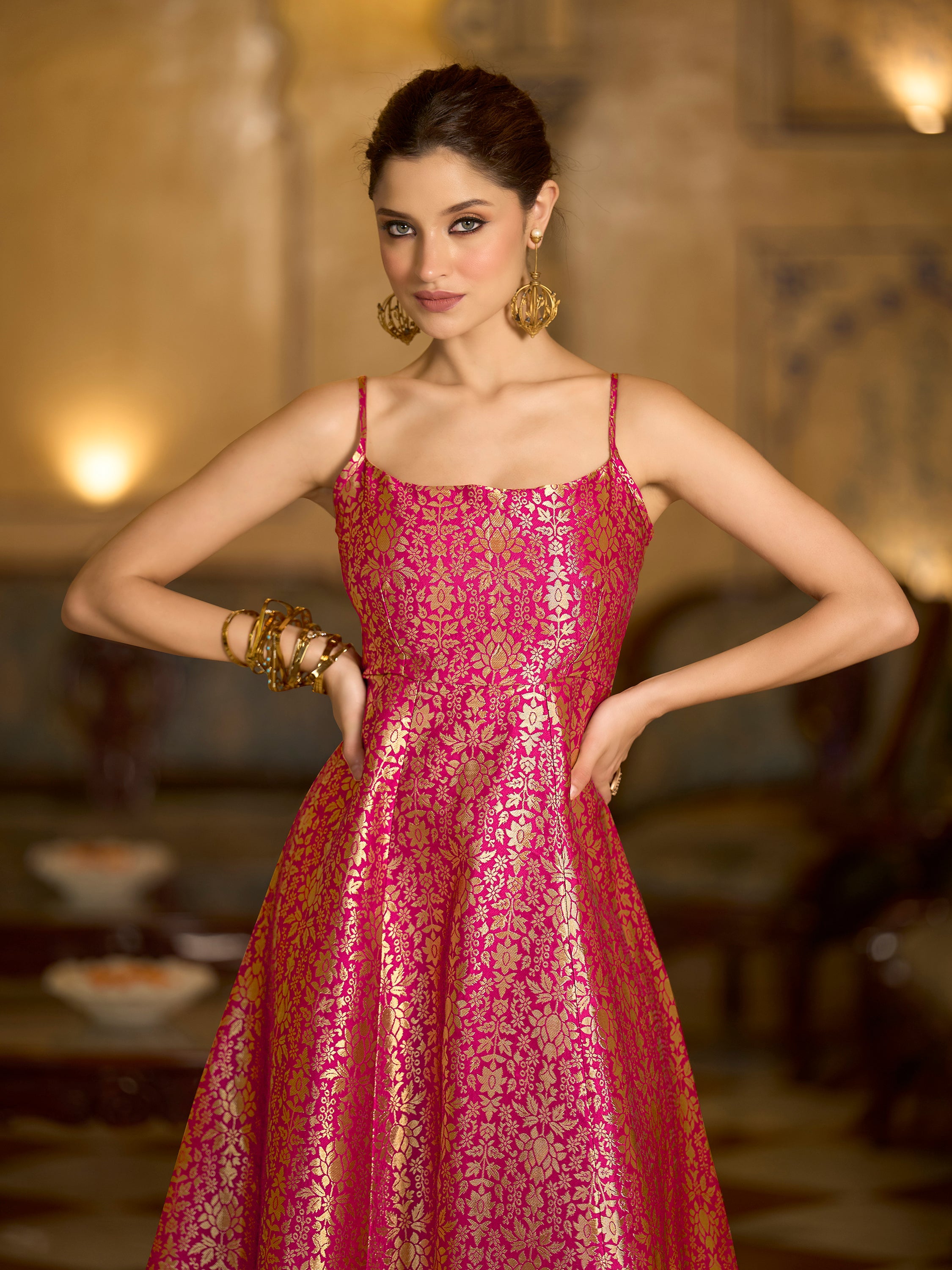 Monjolika Fashion Pink Jacquard Zari Weaving A-Line Dress for Women - Distacart