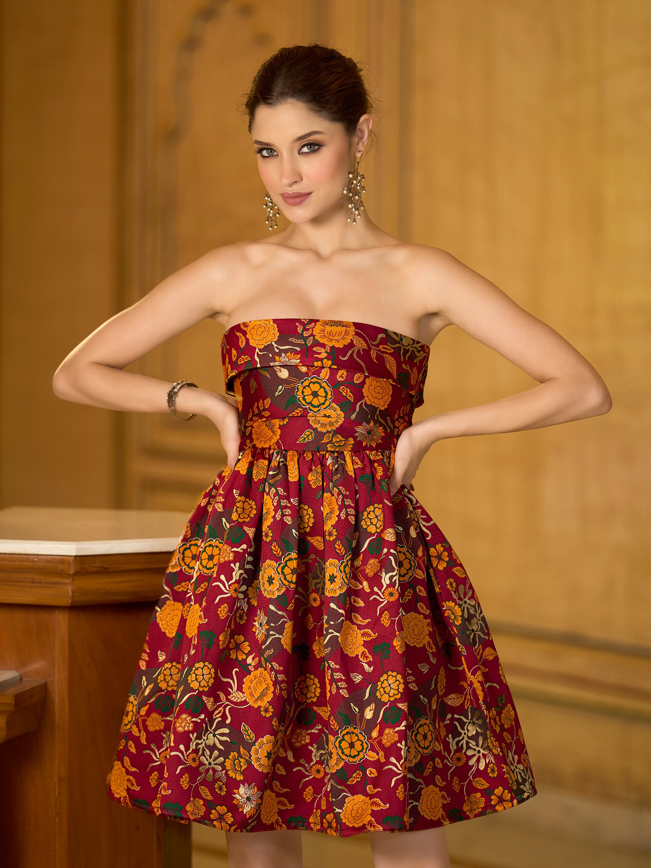 Monjolika Fashion Maroon Floral Weaving Zari Jacquard Strapless Mini Dress - Distacart