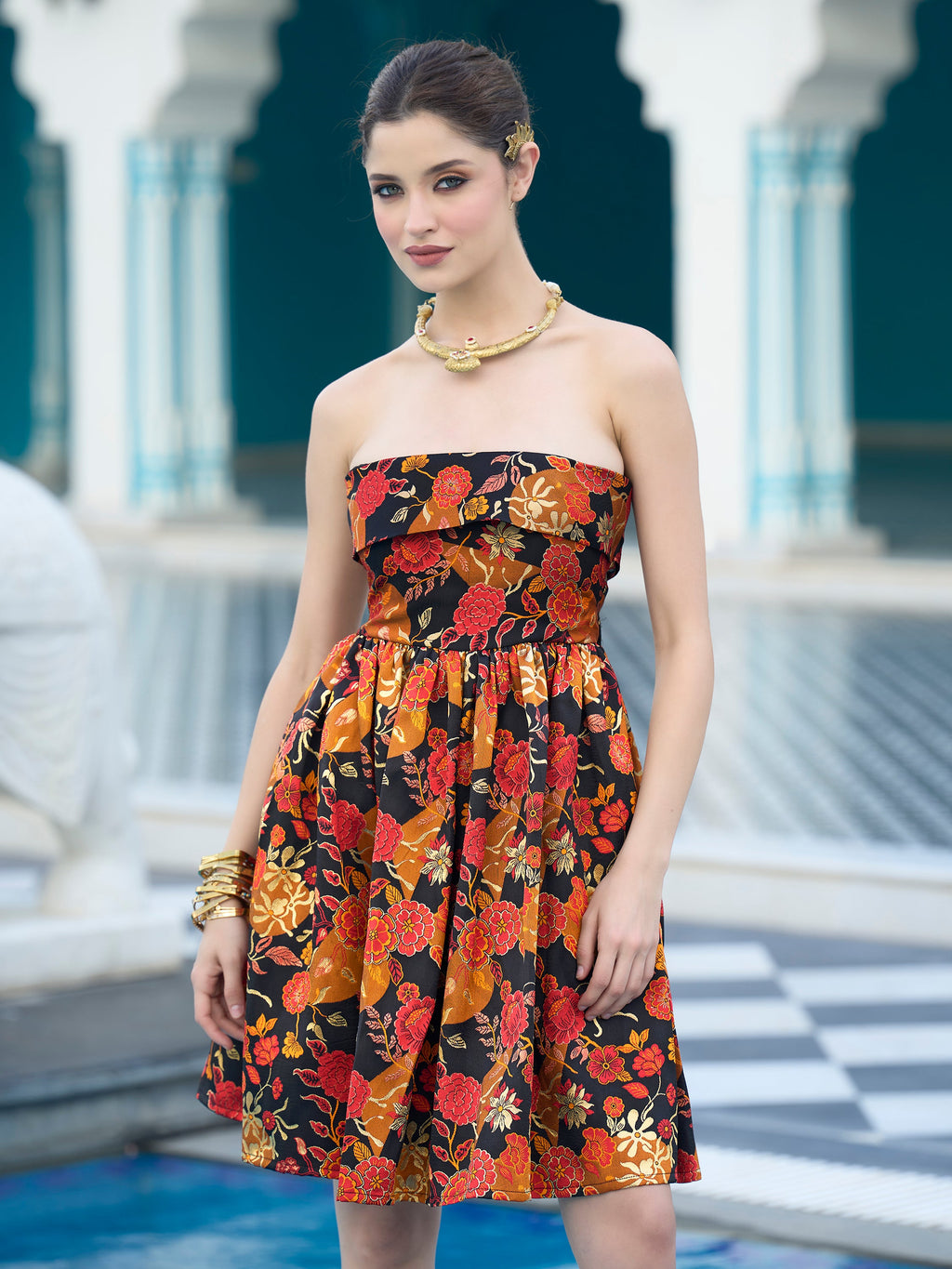 Monjolika Fashion Black Floral Weaving Zari Jacquard Strapless Mini Dress - Distacart
